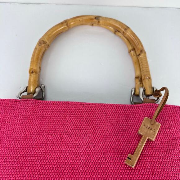 Fossil Bamboo Wooden Handle Woven Satchel Coral Salmon Pink Purse Hand Bag - Picture 5 of 11